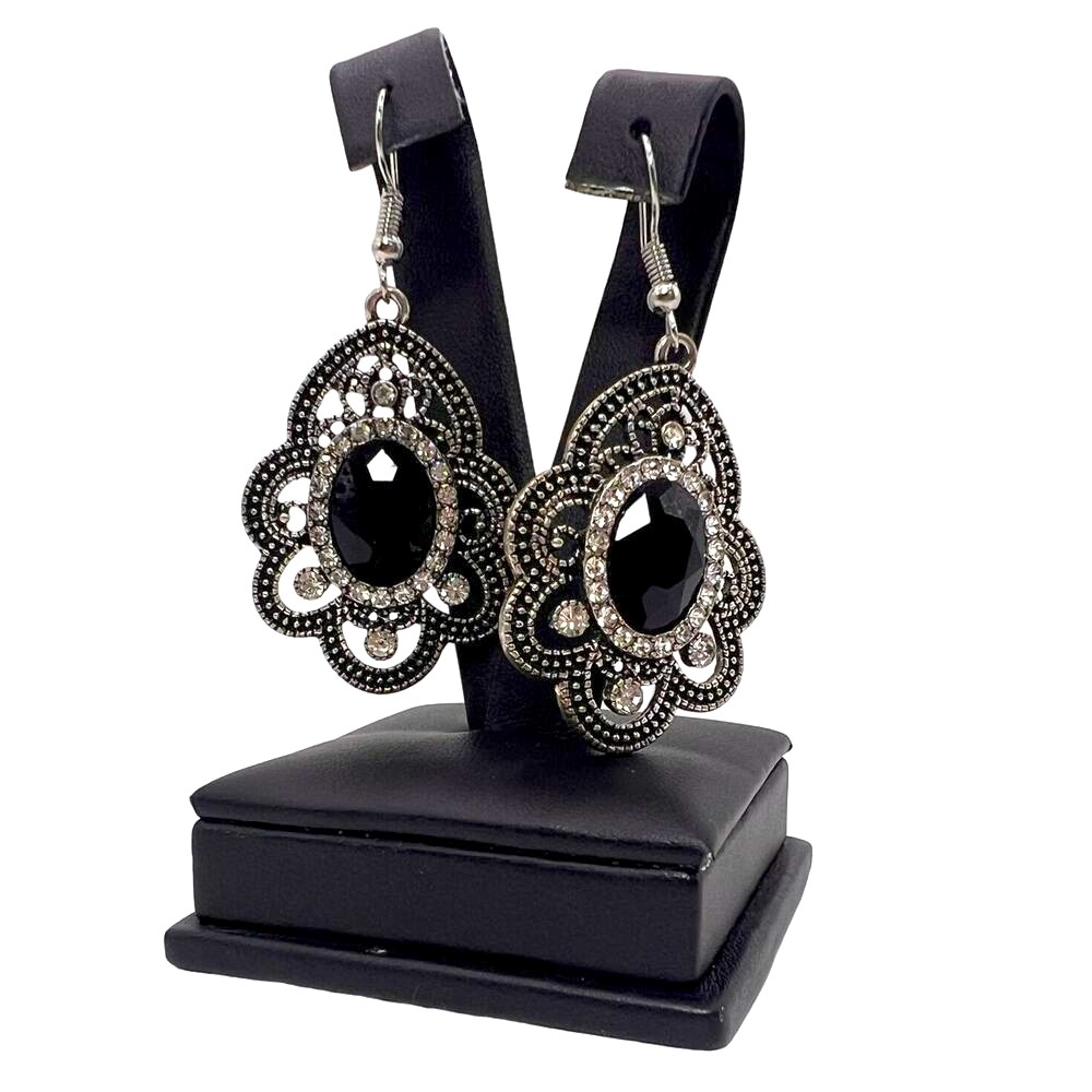 Reign the Crown Dangle Earrings Black Antique Silver Tone Rhinestone Details
